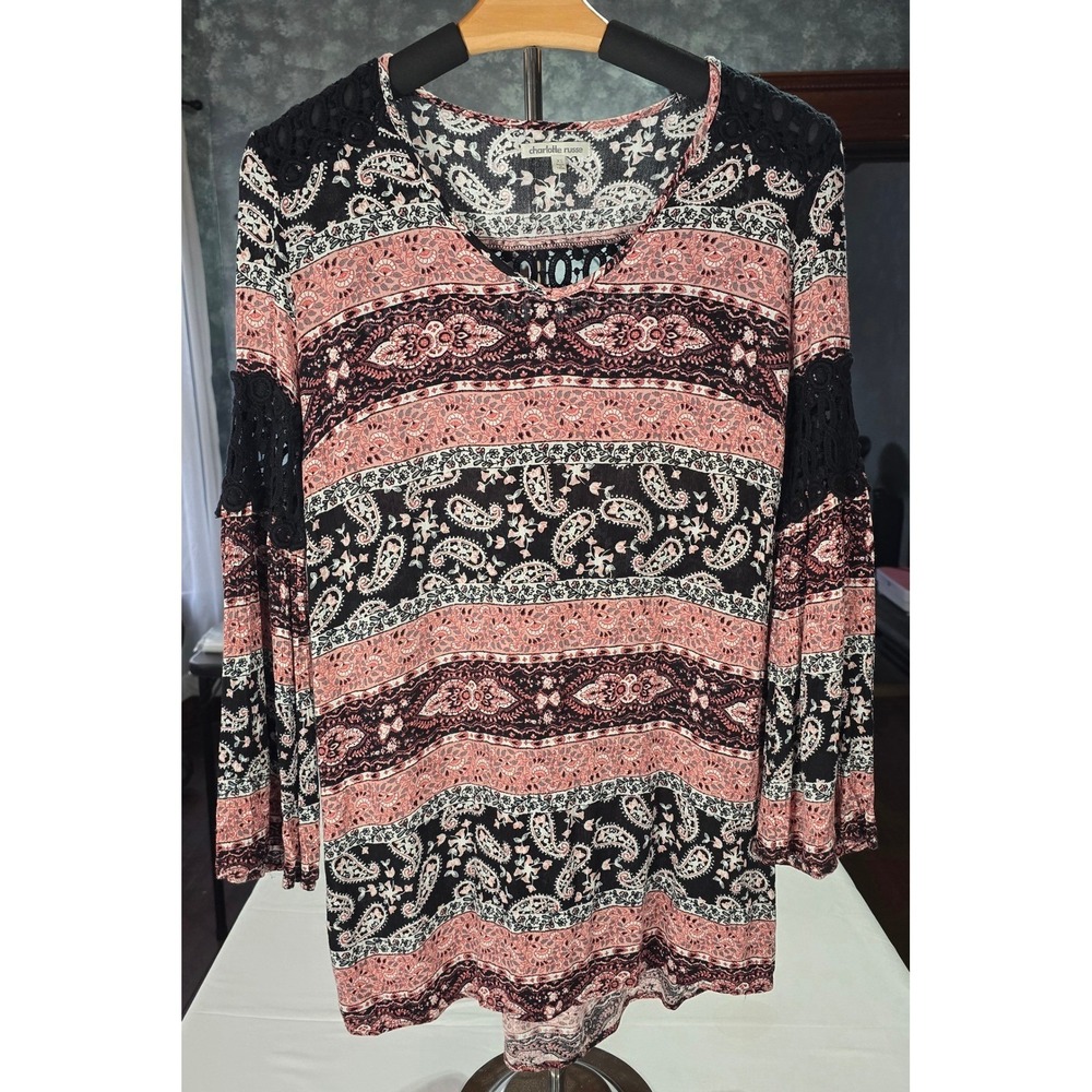Charlotte Russe Womens XS Paisley Crochet Lace Bell‎ Sleeve Boho Blouse Pink